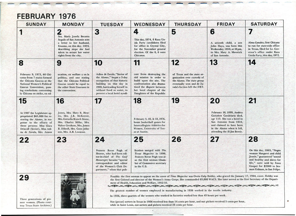 Women's History Calendar of February 1976