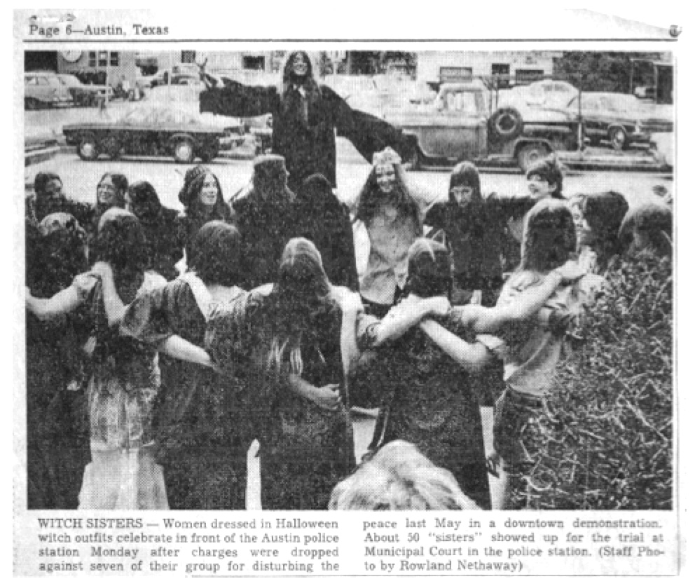 Newspaper photo of a gathering of witch sisters dressed up in Halloween witch clothing